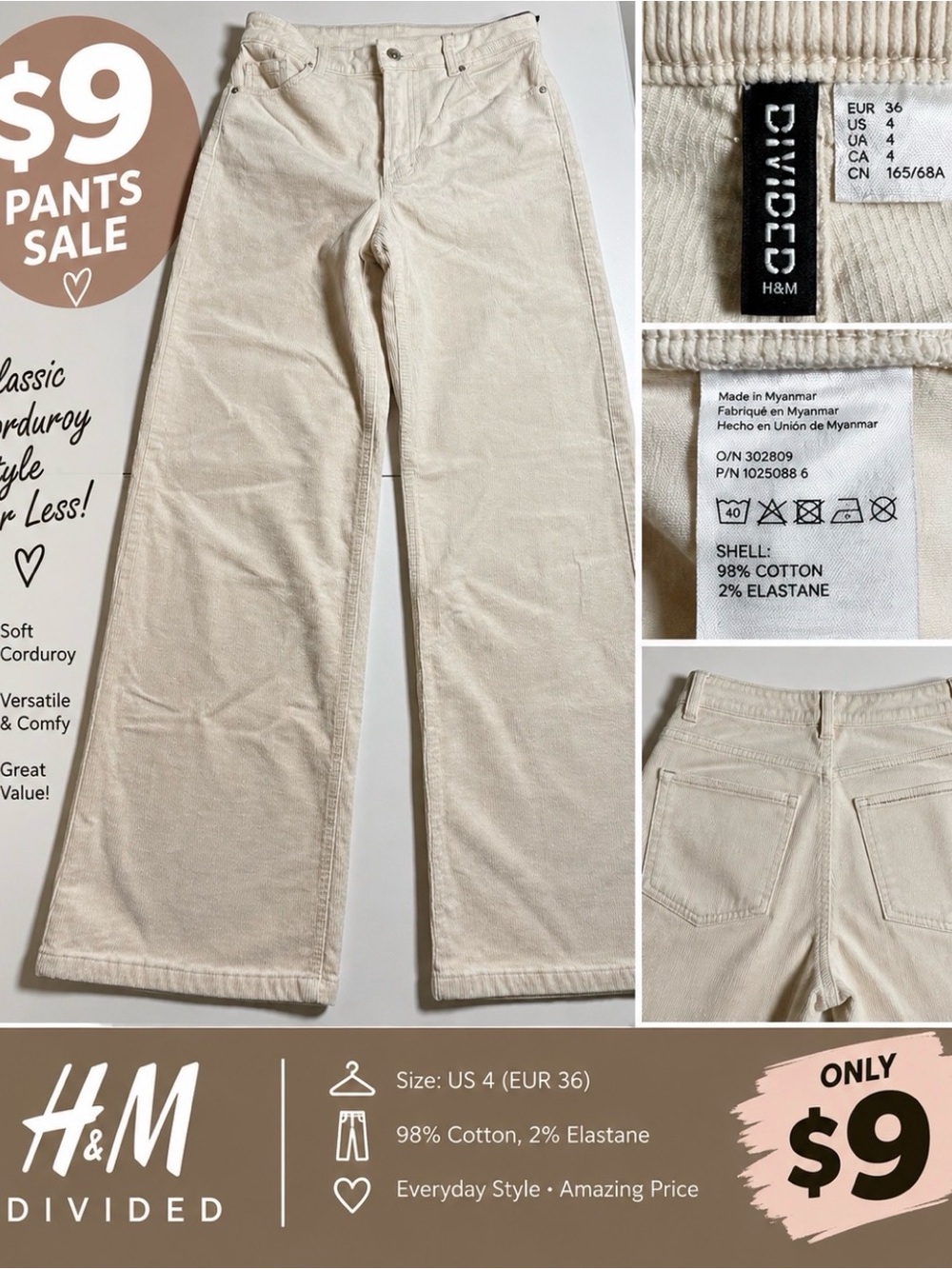 H&M Divided Size 4 Beige Corduroy High Rise Wide Leg Pants